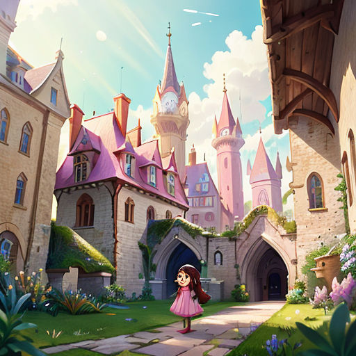 a cartoon girl in a pink dress walking through a castle like area with a clock tower in the background