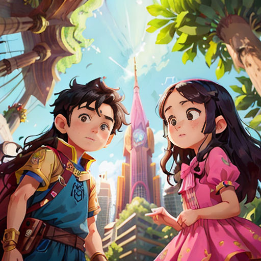 a couple of kids standing next to each other in front of a tree filled cityscape with a clock tower in the background