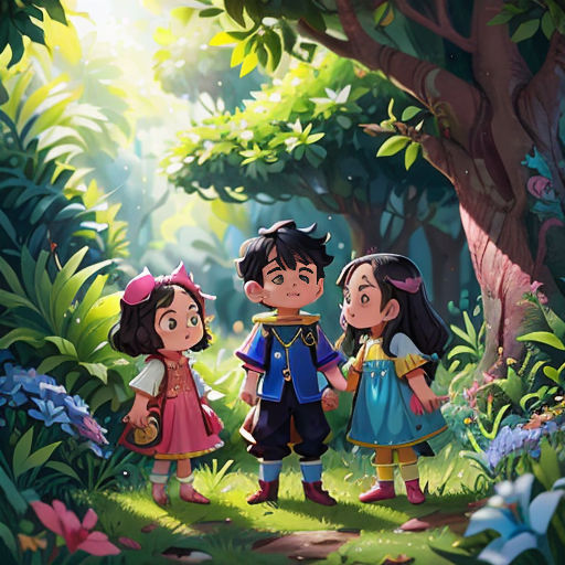 a group of children standing in the woods together, looking at something in the distance with a tree in the background