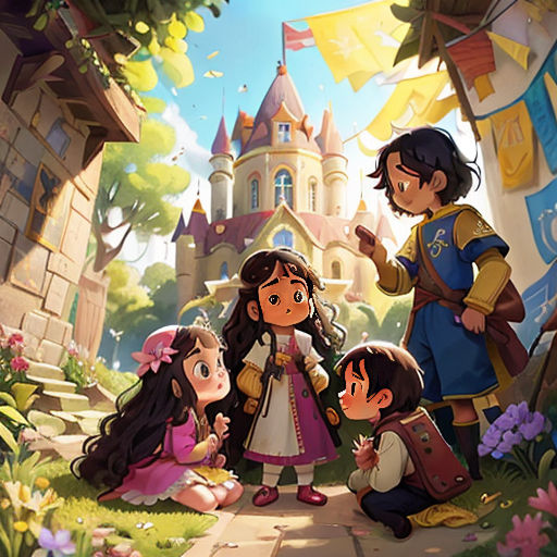 a group of children standing in front of a castle with a princess on it's back ground and a man in a yellow shirt