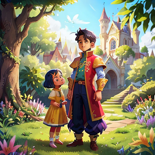 a man and a little girl standing in front of a castle with a tree in the background and a bird flying overhead