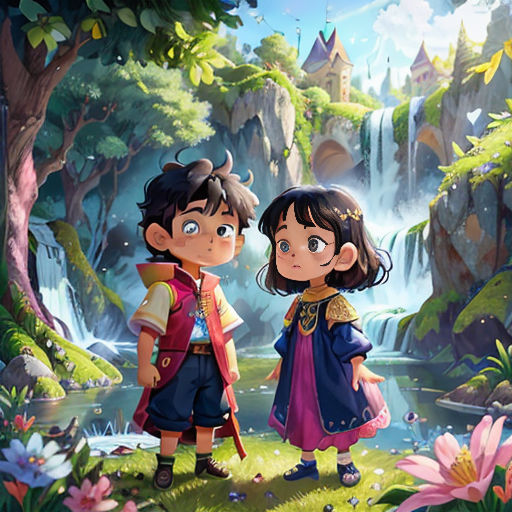 a couple of kids standing in front of a waterfall in a forest with flowers and trees on the ground