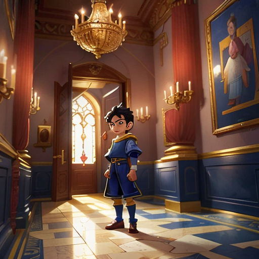 a boy in a room with paintings and chandelier on the wall and a chandelier hanging from the ceiling