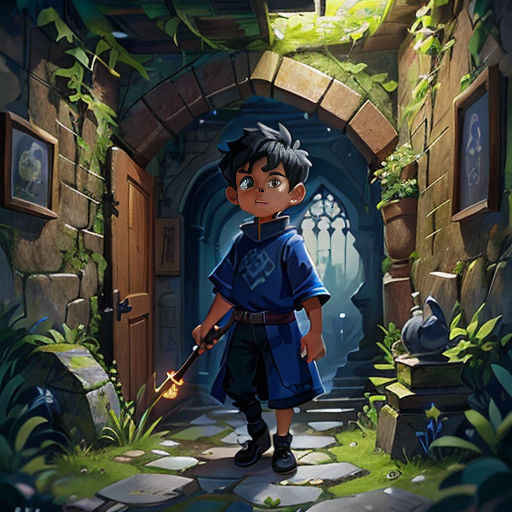 a boy standing in a doorway with a sword in his hand and a picture of a person in the background