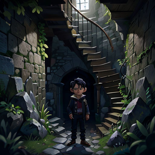 a boy standing in a tunnel with a staircase in the background and a window in the middle of the tunnel