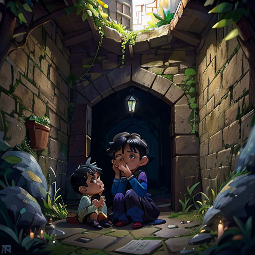 a couple of kids sitting on the ground in front of a tunnel with a light on it and plants growing on the wall