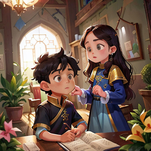 a boy and a girl are sitting at a table in a room with flowers and a book in front of them