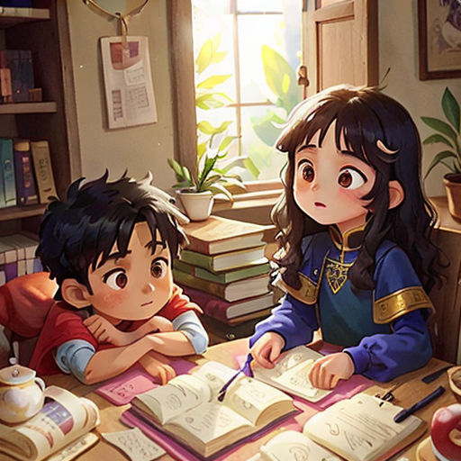a couple of kids sitting at a table with books and a pen in front of them on a table