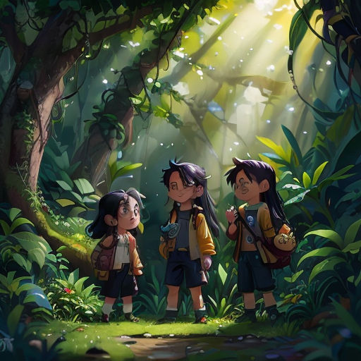 three children standing in the middle of a forest with sunlight streaming through the trees and leaves on the ground