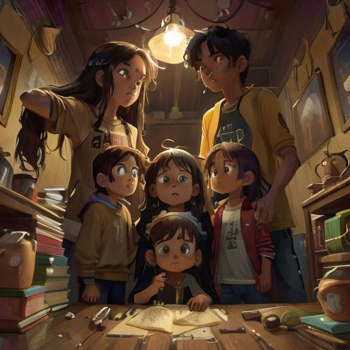 a group of children standing around a table with books on it and a lamp above them in a room