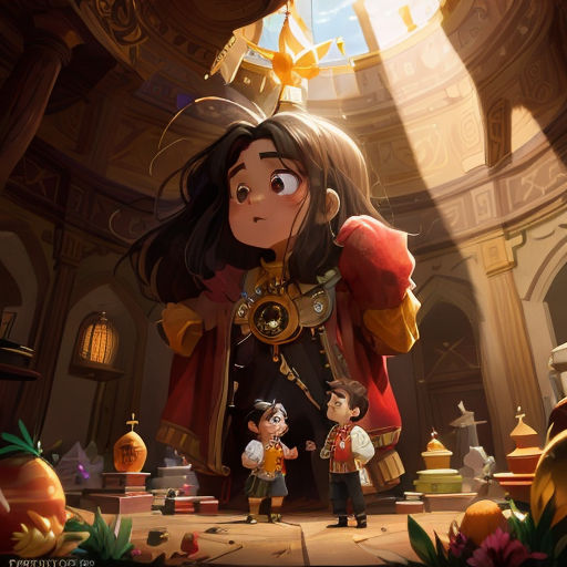 a cartoon character standing in a room with a giant clock above her head and a little boy standing next to her