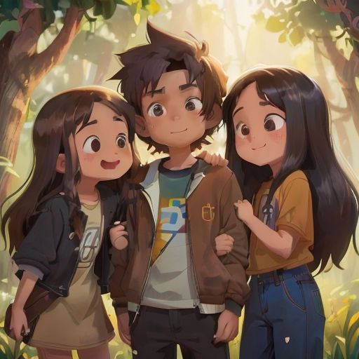 three young people standing next to each other in a forest with trees and leaves behind them, with the sun shining through the trees