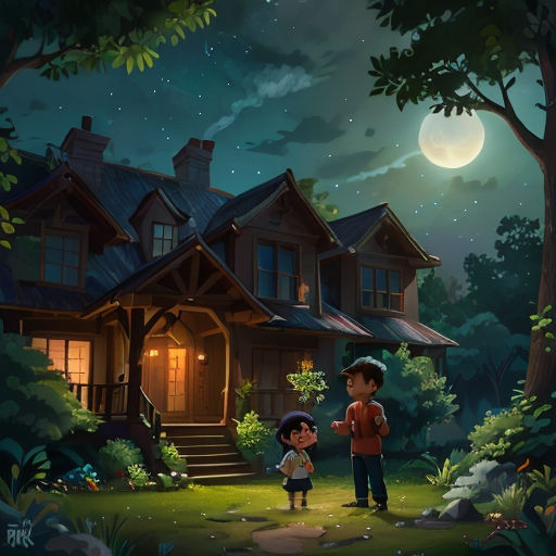 a boy and a girl standing in front of a house at night with a full moon in the background