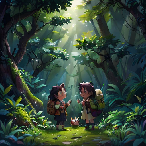 two children standing in the middle of a forest with a light shining through the trees and a dog in the foreground