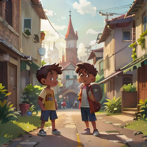 two young boys standing on a street in front of a church and a church tower in the background, with a small town in the foreground