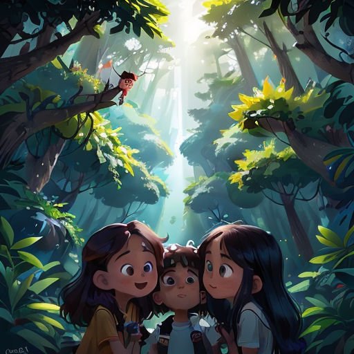 three girls are standing in the middle of a forest with a light shining through the trees and a monkey on the top of the tree