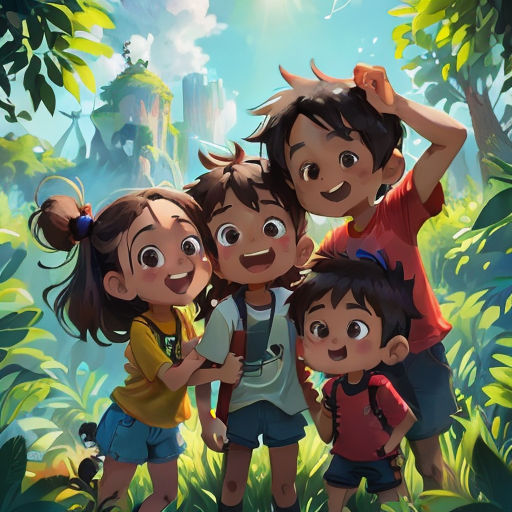 a group of children standing in the jungle together, with a background of trees and plants and a castle