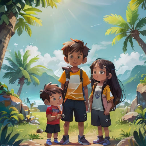 a family of three standing in the middle of a jungle with palm trees and a blue sky in the background