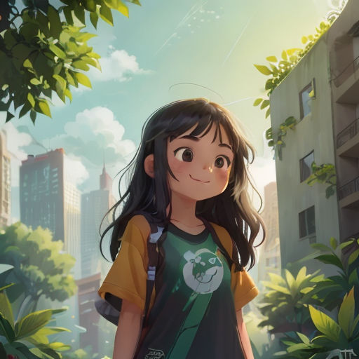 a girl standing in front of a tree with a city in the background and a building in the background