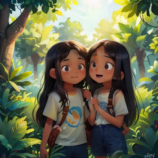 two young girls standing in the middle of a forest with trees and plants behind them, looking at the camera