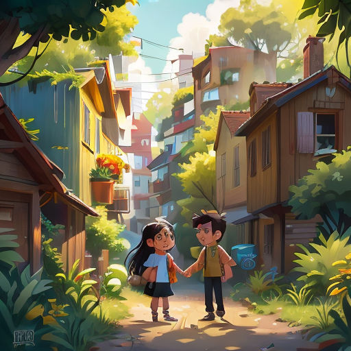 a couple of kids holding hands walking down a street next to a forest filled with trees and buildings on a sunny day