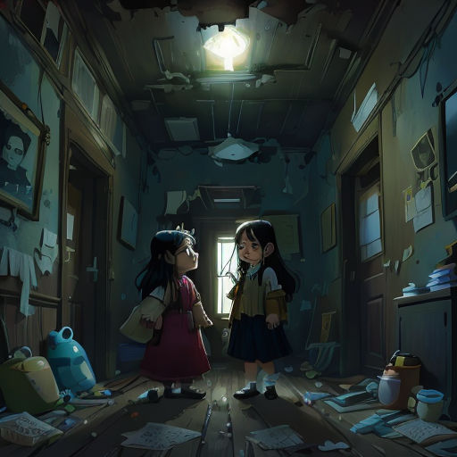 two young girls standing in a hallway in a house with a lot of clutter on the floor and a light on