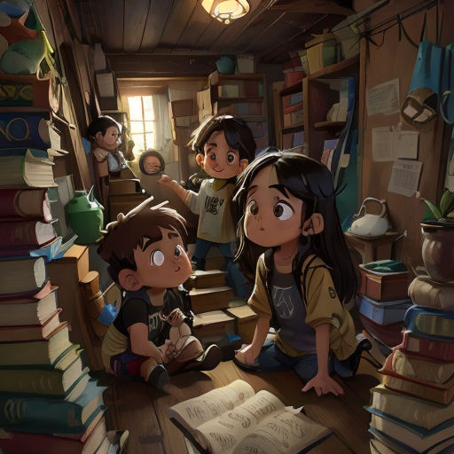 a group of children sitting on the floor in a room filled with books and bookshelves with a book on the floor