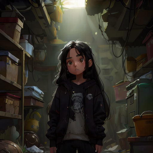 a girl standing in a room with a light shining in her eyes and a book shelf in the background