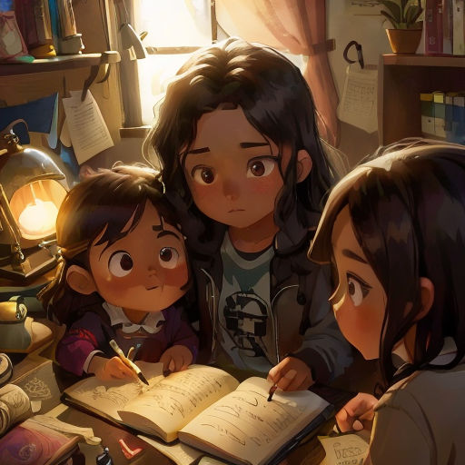 three children are sitting at a table with an open book and a pen in their hands, and a lamp is on the table