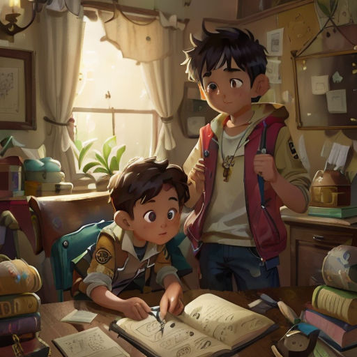 a boy and a boy are sitting at a table with books and a pen in their hands and a boy is standing behind him