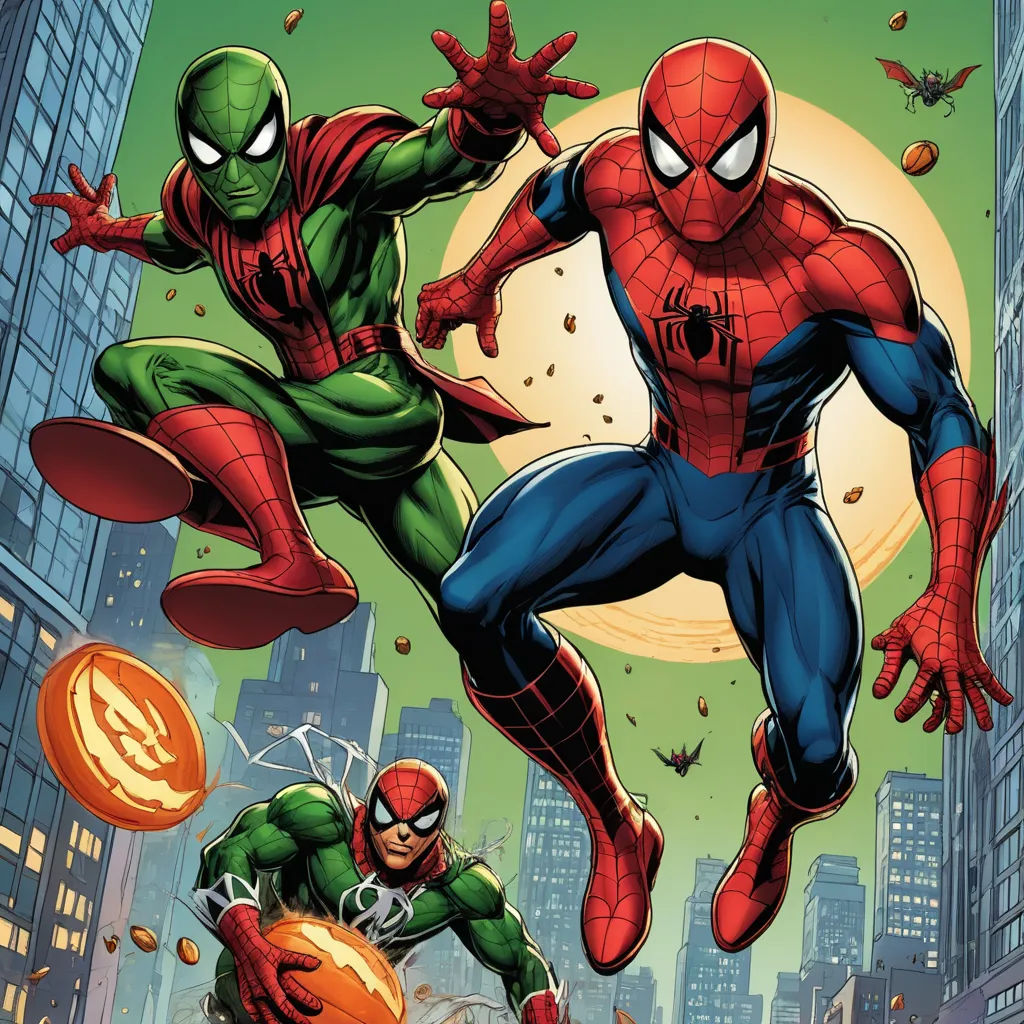 a spider - man and a green lantern are in front of a cityscape with a full moon, antipodeans, a comic book panel, Alton Tobey, comic cover art