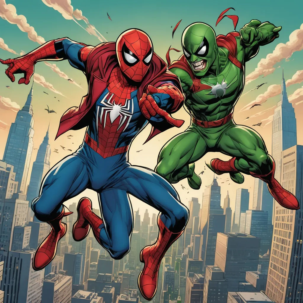 a spider - man and green man are fighting in a city scene with skyscrapers in the background, and a third spider - man is jumping in the air, sots art, a comic book panel, Alan Davis, comic cover art