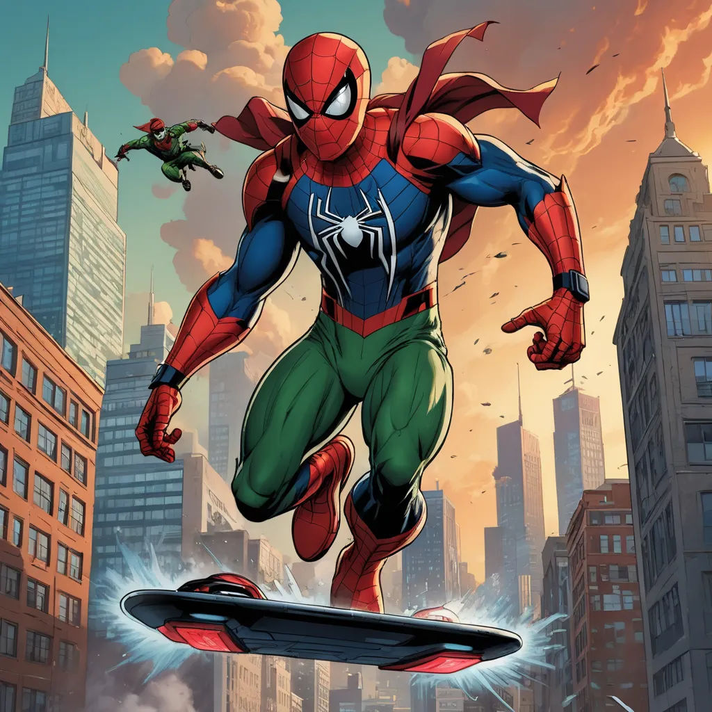 a spider man is riding a skateboard in a city setting with a green and red suit on and a green and blue suit on, sots art, a comic book panel, Eddie Mendoza, comic cover art