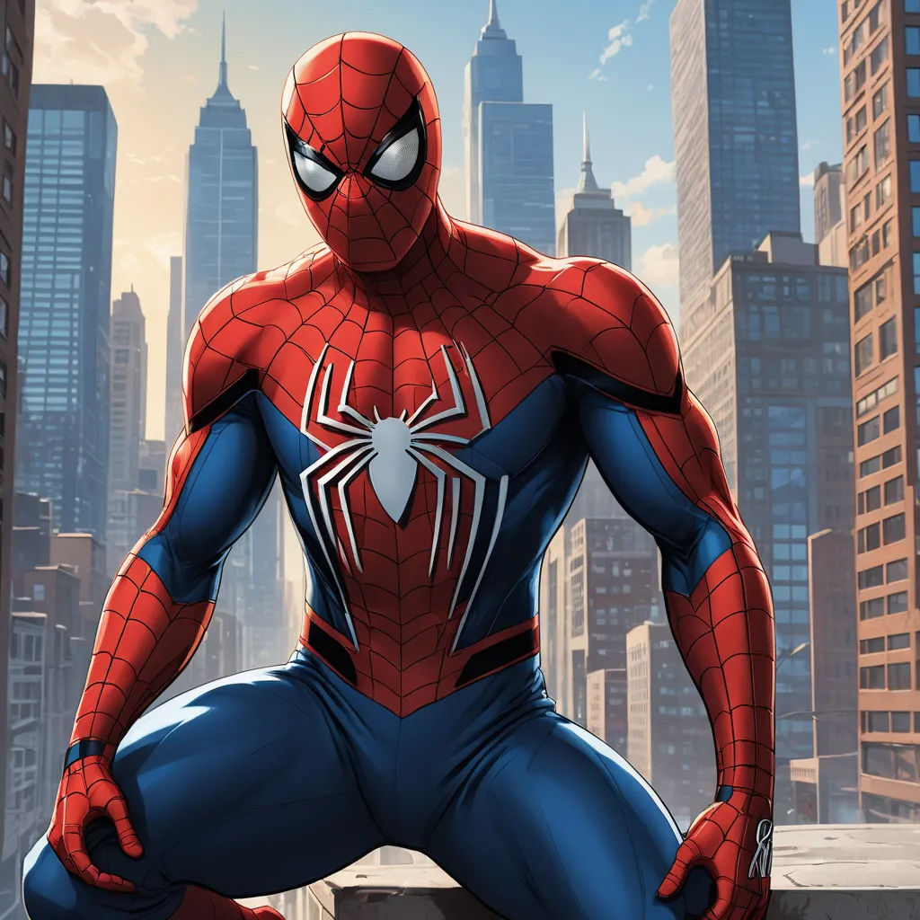 a spider man sitting on a ledge in front of a city skyline with skyscrapers in the background,, sots art, a comic book panel, Artgerm, rossdraws global illumination
