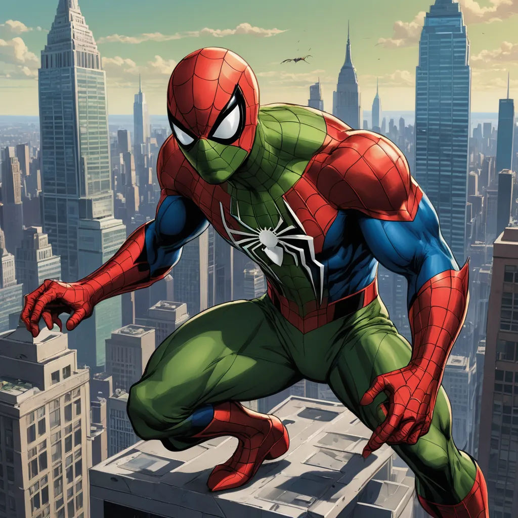 a spider man is jumping over a cityscape in a cartoon style, with a cityscape in the background, sots art, a comic book panel, Alton Tobey, comic cover art