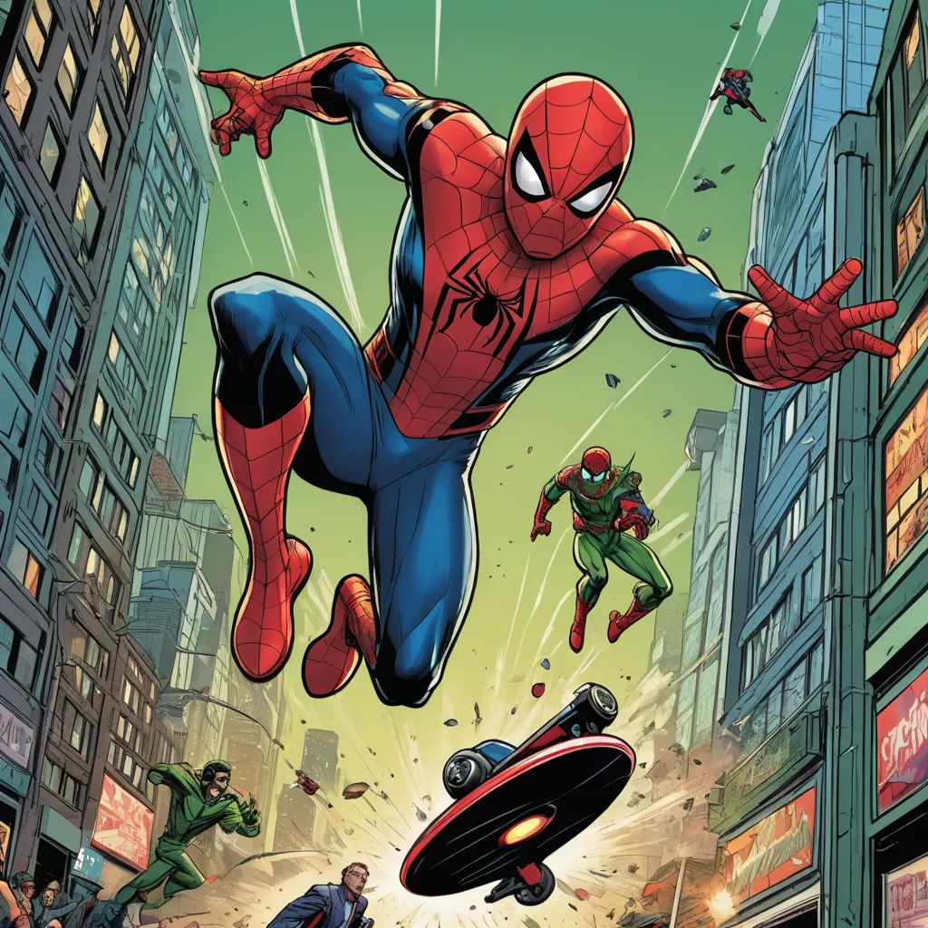 a spider - man flying through the air over a city with a flying object in front of him and a man in the foreground, panfuturism, a comic book panel, Alan Davis, comic cover art