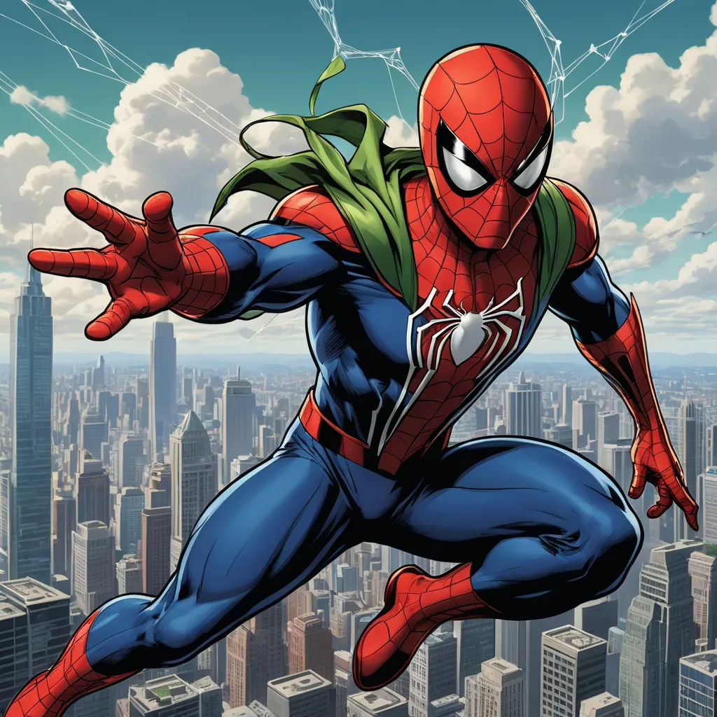 a spider man flying over a city with a cityscape in the background and a sky line in the foreground, sots art, a comic book panel, Alton Tobey, comic cover art