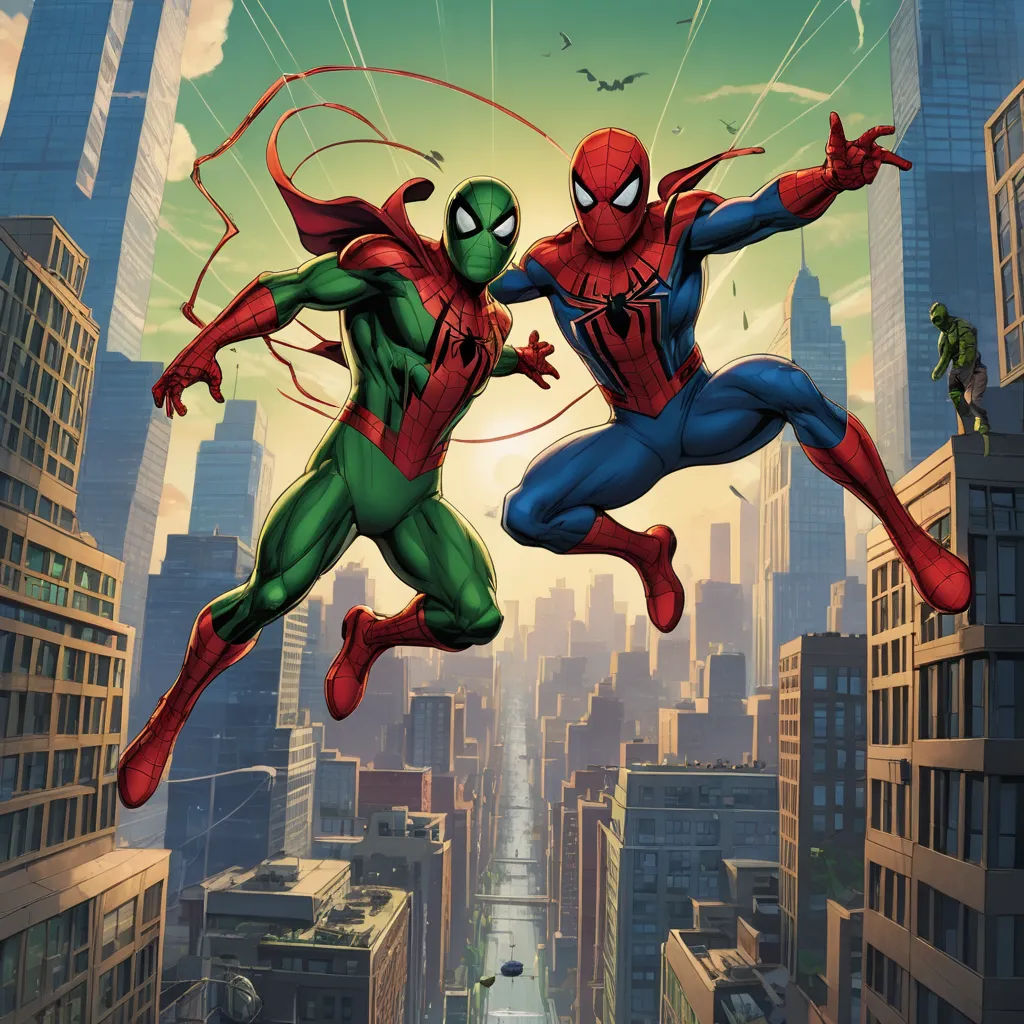 a couple of spider - man are in the air over a city street with skyscrapers in the background, sots art, a comic book panel, Chip Zdarsky, comic cover art