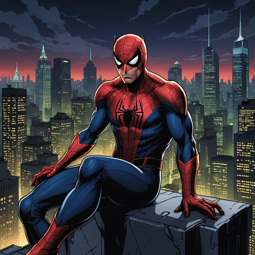 a spider man sitting on a ledge in front of a cityscape at night with the sun setting, sots art, a comic book panel, Alton Tobey, comic cover art