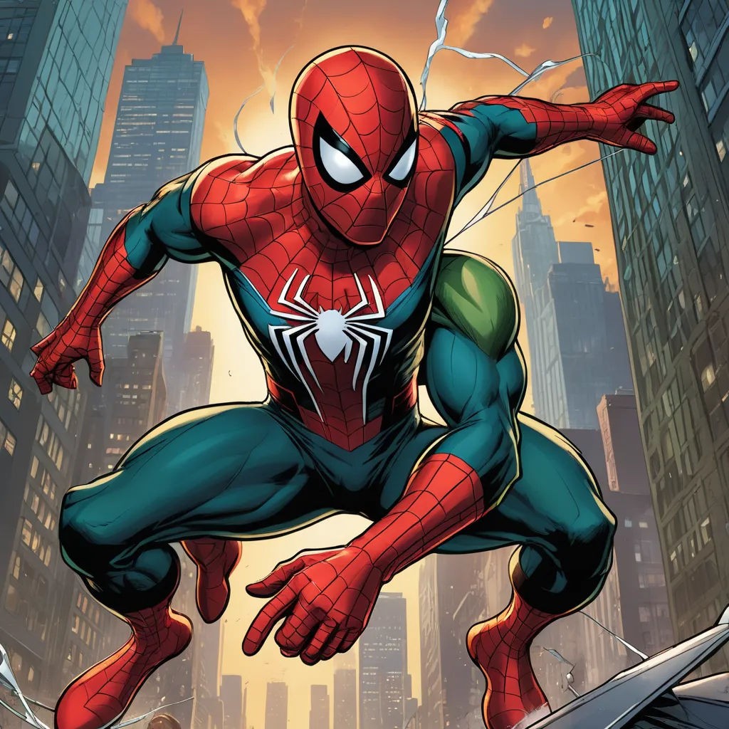 a spider man is jumping over a city street with a sword in his hand and a cityscape in the background, sots art, a comic book panel, Eddie Mendoza, comic cover art