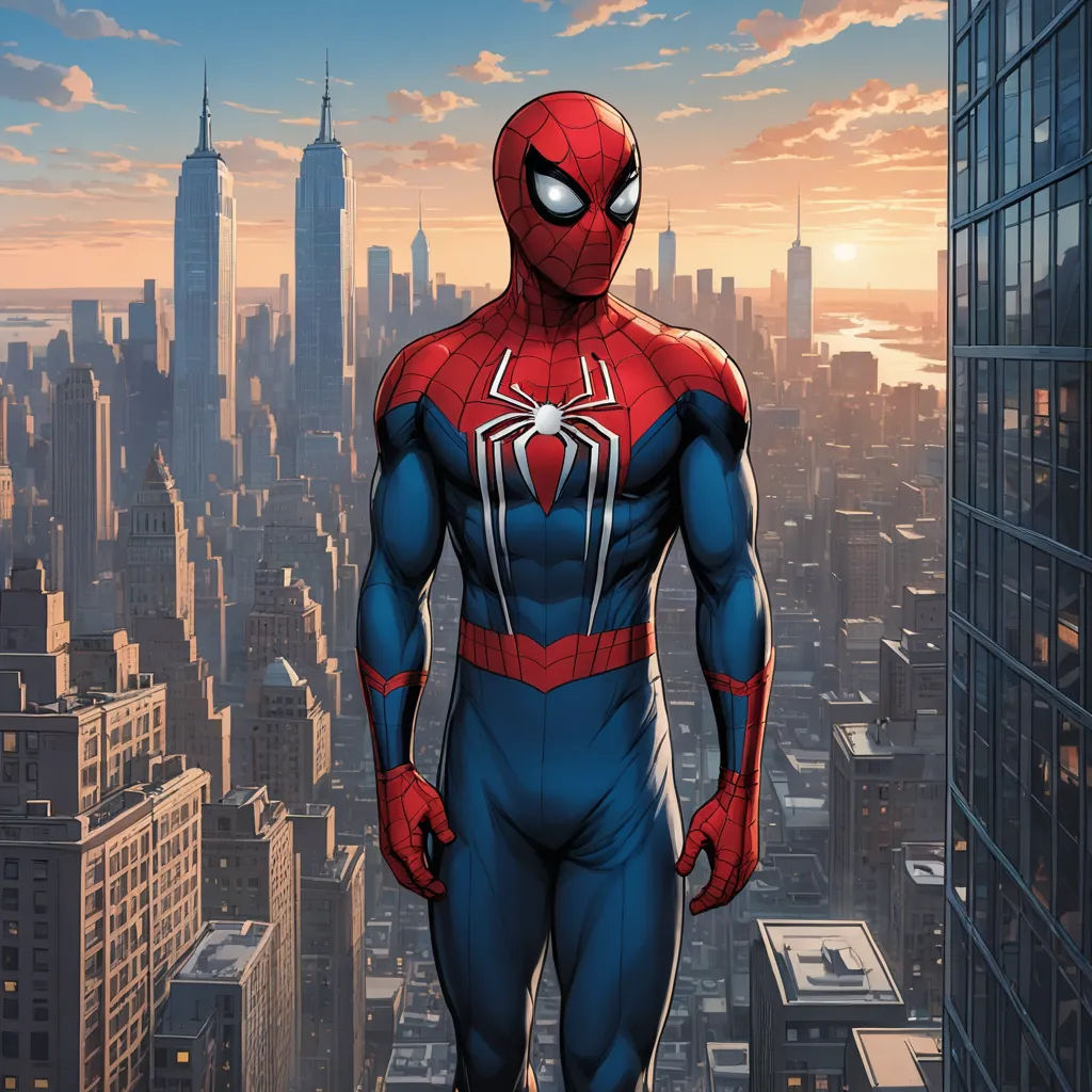 a man in a spider suit standing in front of a cityscape at sunset with the sun setting, sots art, a comic book panel, Eddie Mendoza, official art