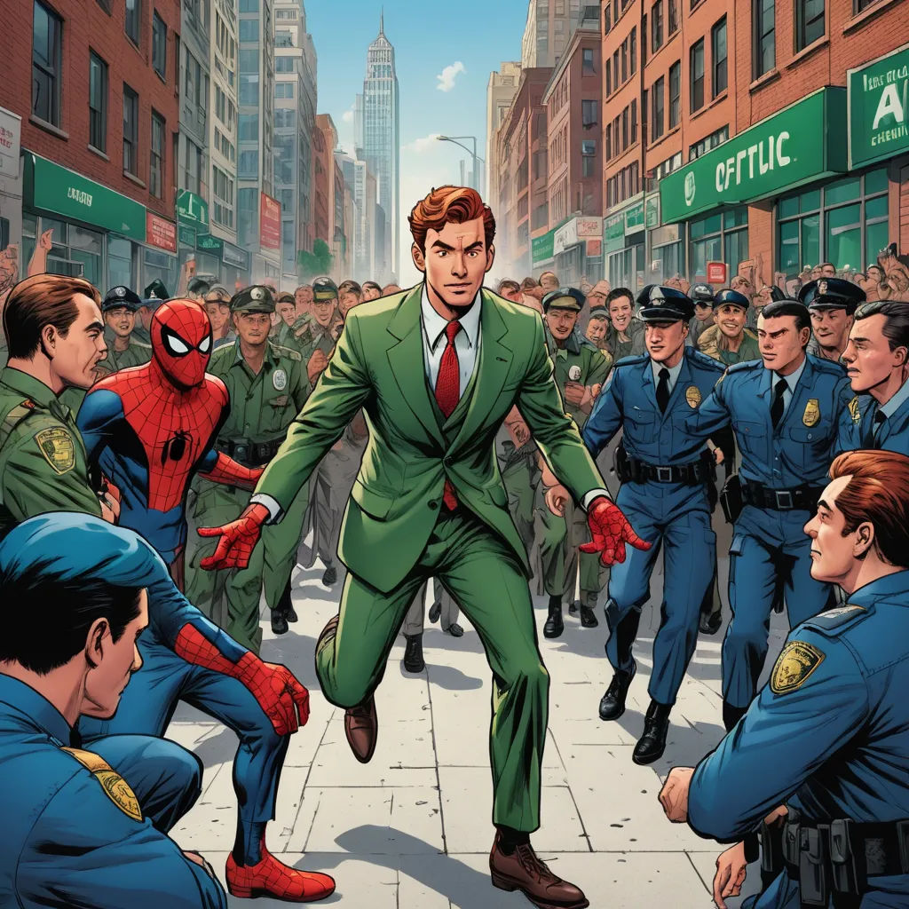 a man in a suit is surrounded by police officers and a spider man in a green suit and red tie, fantastic realism, a comic book panel, Alton Tobey, comic cover art
