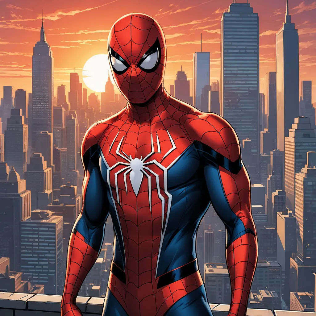 a spider man standing in front of a city skyline at sunset with the sun setting behind him and his hands in his pockets, sots art, a comic book panel, Alton Tobey, rossdraws global illumination