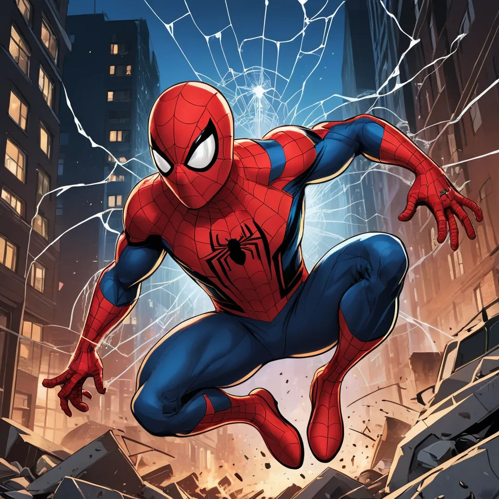 a spider man running through a city at night with a lightning bolt in the background and a cityscape in the foreground, sots art, a comic book panel, Artgerm, comic cover art