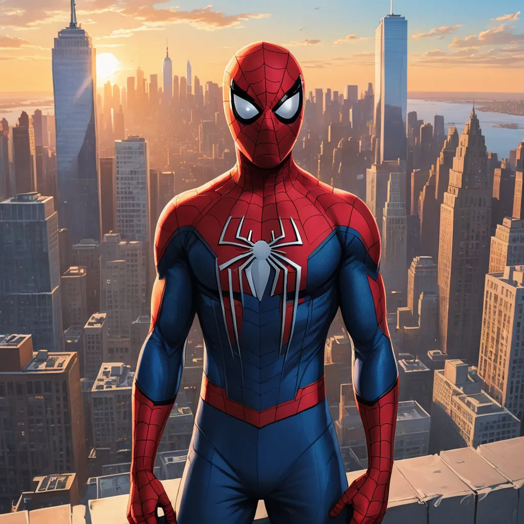 a spider man standing in front of a city skyline with the sun setting behind him and his hands in his pockets, sots art, a comic book panel, Alton Tobey, official art