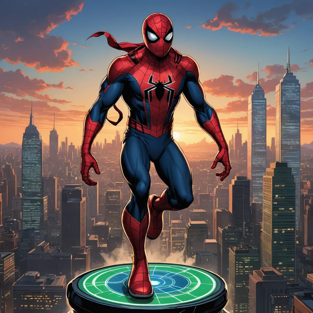 a spider man standing on top of a building in a city at sunset with a cityscape in the background, sots art, a comic book panel, Eddie Mendoza, rossdraws global illumination