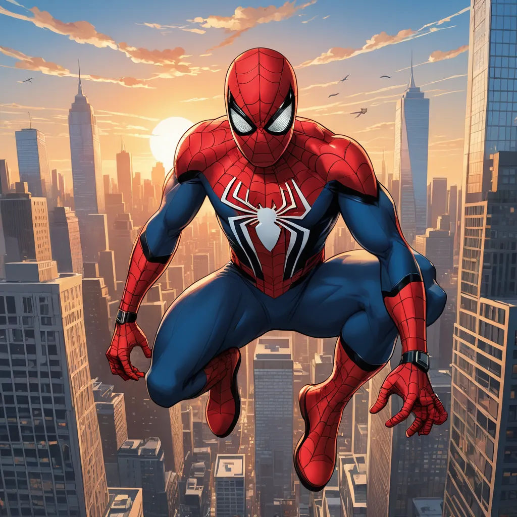 a spider man is jumping in the air over a cityscape with skyscrapers in the background and a sun setting, sots art, a comic book panel, Eddie Mendoza, rossdraws global illumination