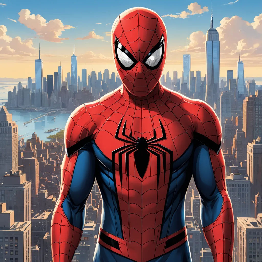 a spider man standing in front of a city skyline with skyscrapers in the background and a cityscape in the foreground, sots art, a comic book panel, Alton Tobey, official art