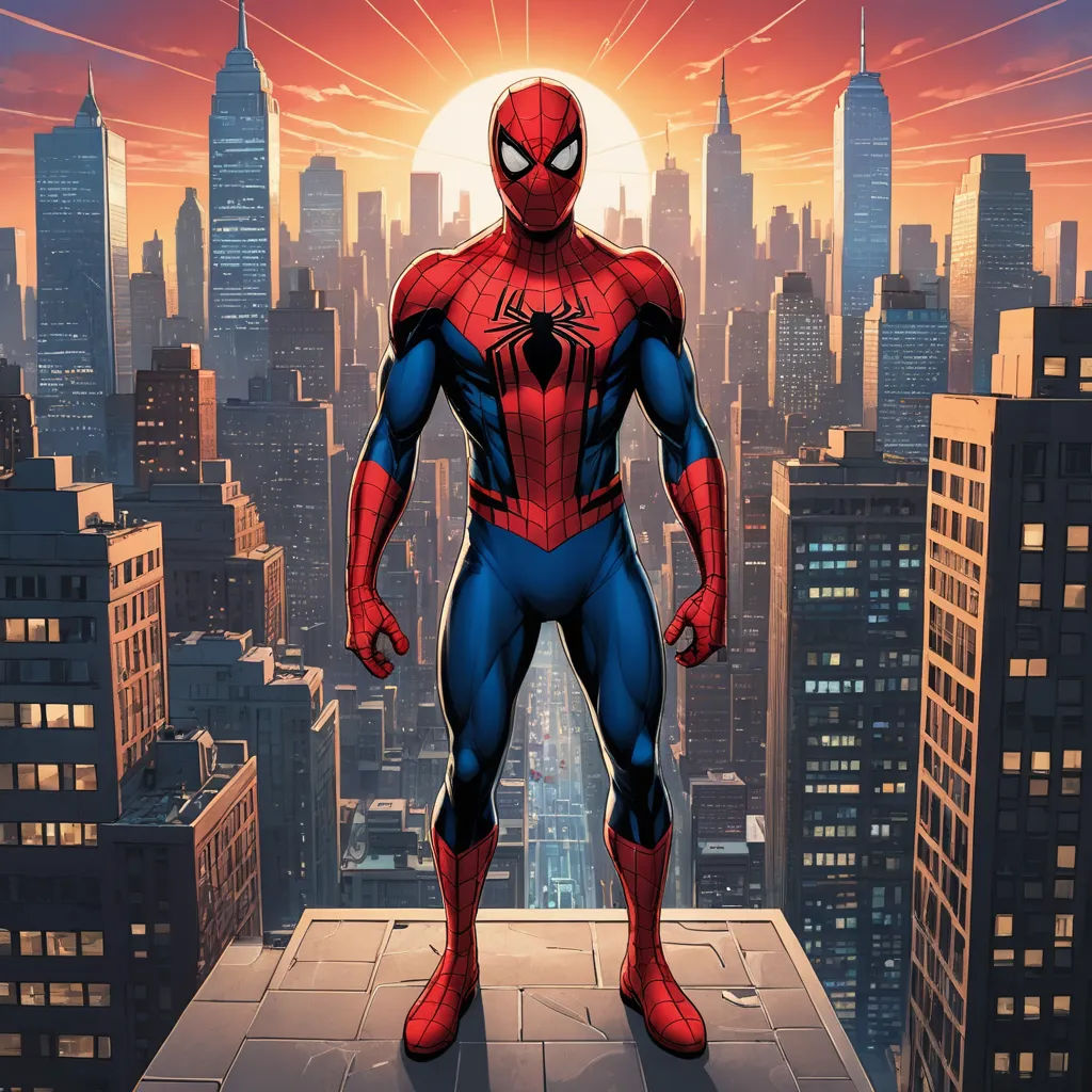a spider man standing on a ledge in front of a city skyline at sunset with the sun shining down, sots art, a comic book panel, Alton Tobey, rossdraws global illumination