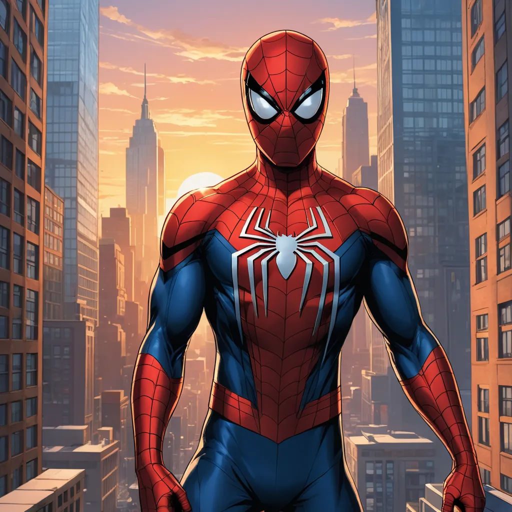 a spider man standing in front of a city skyline at sunset with the sun setting behind him and buildings in the background, sots art, a comic book panel, Eddie Mendoza, rossdraws global illumination